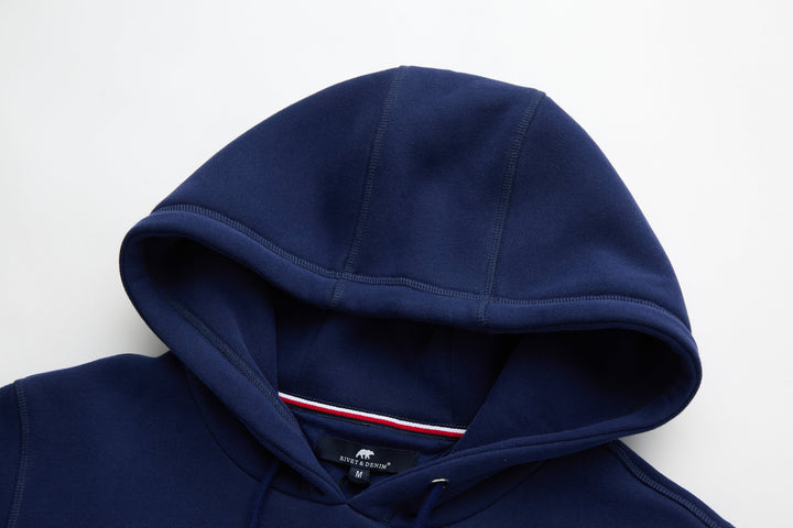 Navy denim hoodie with hood and inner striped trim