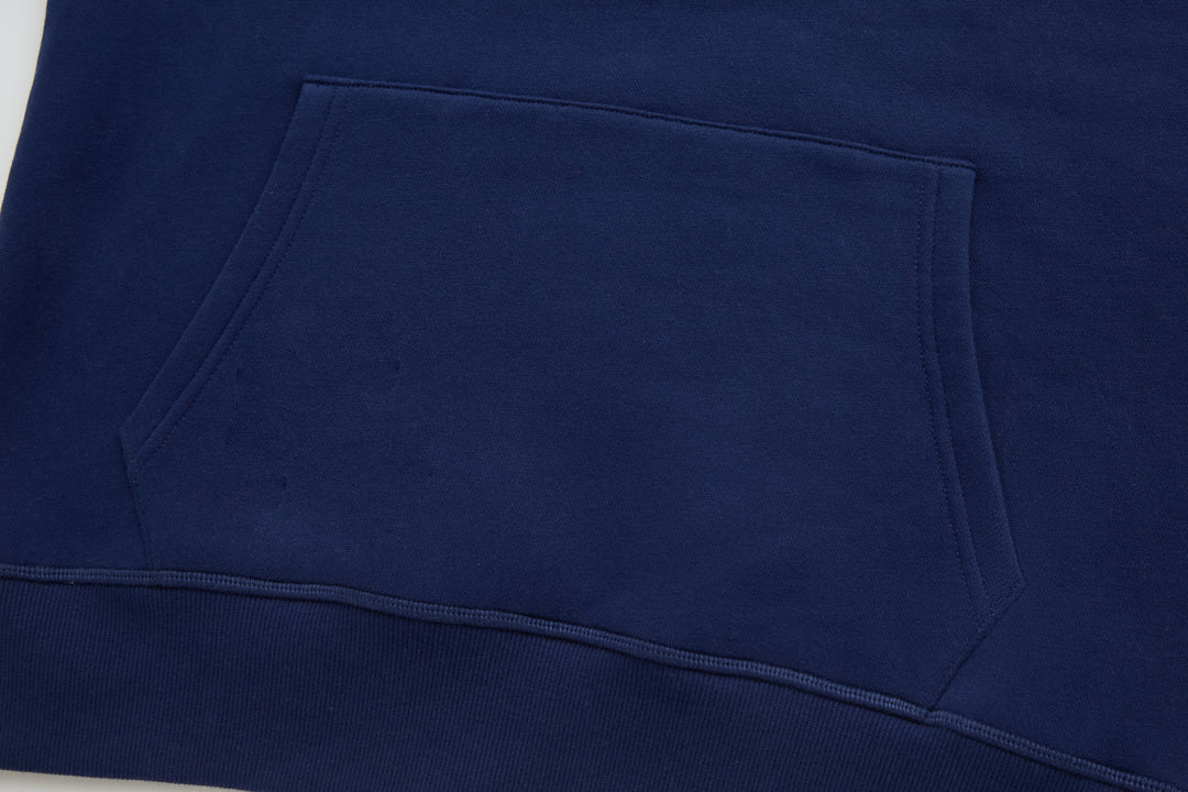 Navy denim hoodie front kangaroo pocket
