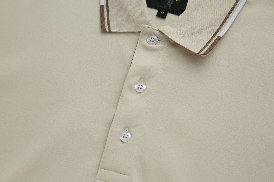 Cream polo shirt with three-button placket and brown-trim collar