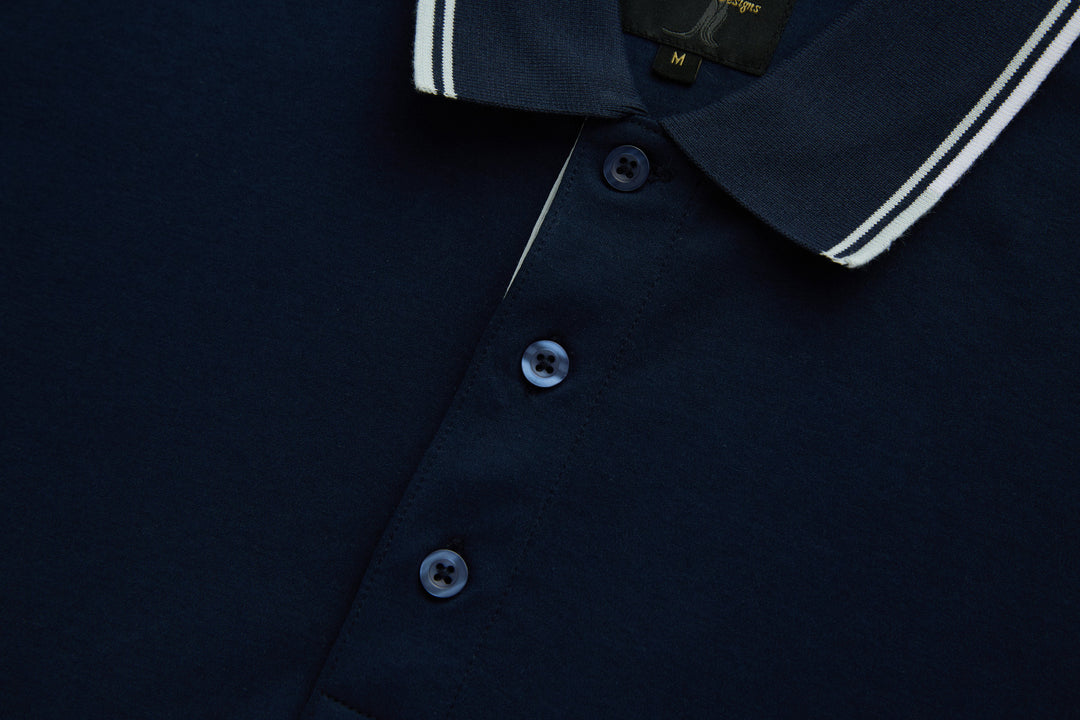Dark navy polo shirt front with three-button placket