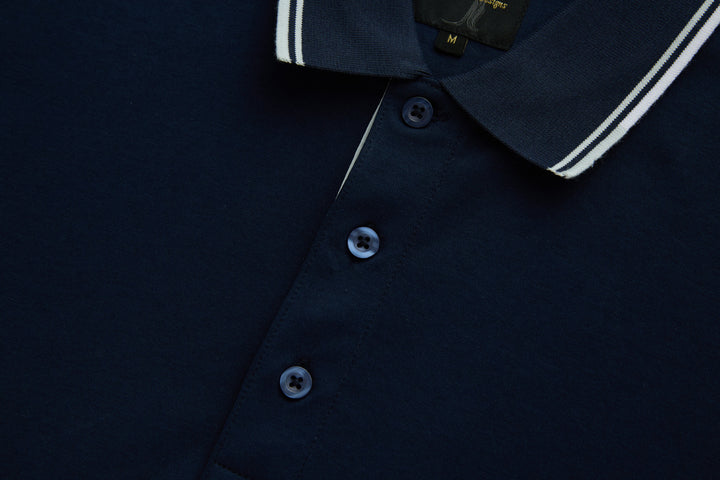 Dark navy polo shirt front with three-button placket