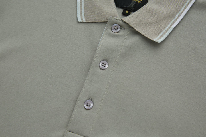 Light gray polo shirt with three-button front and ribbed collar trim