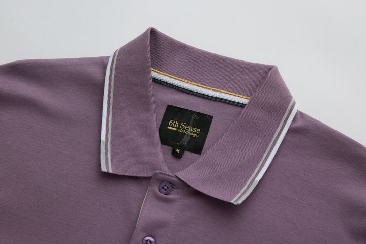 Purple polo shirt collar with button placket and striped inner trim