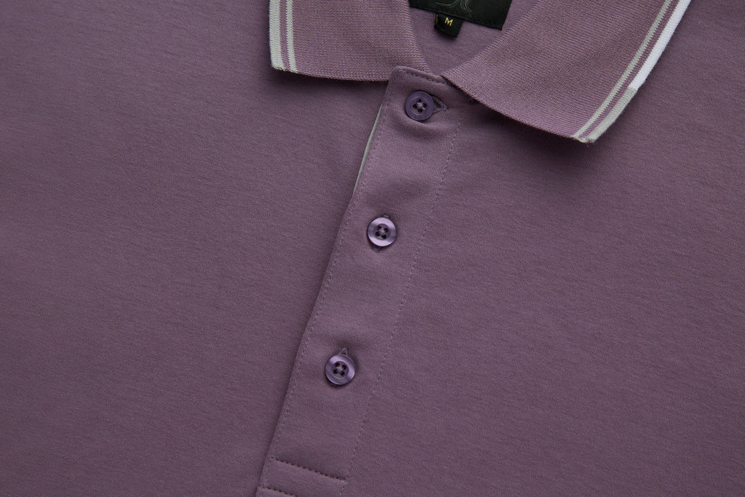 Purple polo shirt with three-button placket and ribbed collar edge