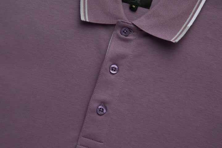 Purple polo shirt with three-button placket and ribbed collar edge
