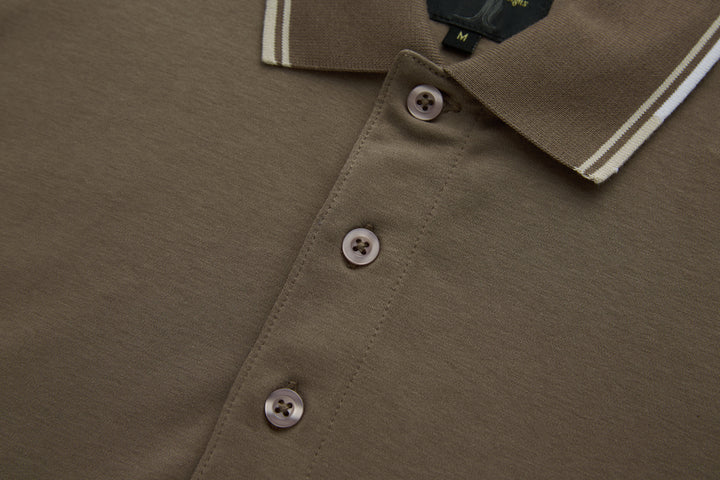 Walnut polo shirt button placket with three buttons and striped collar
