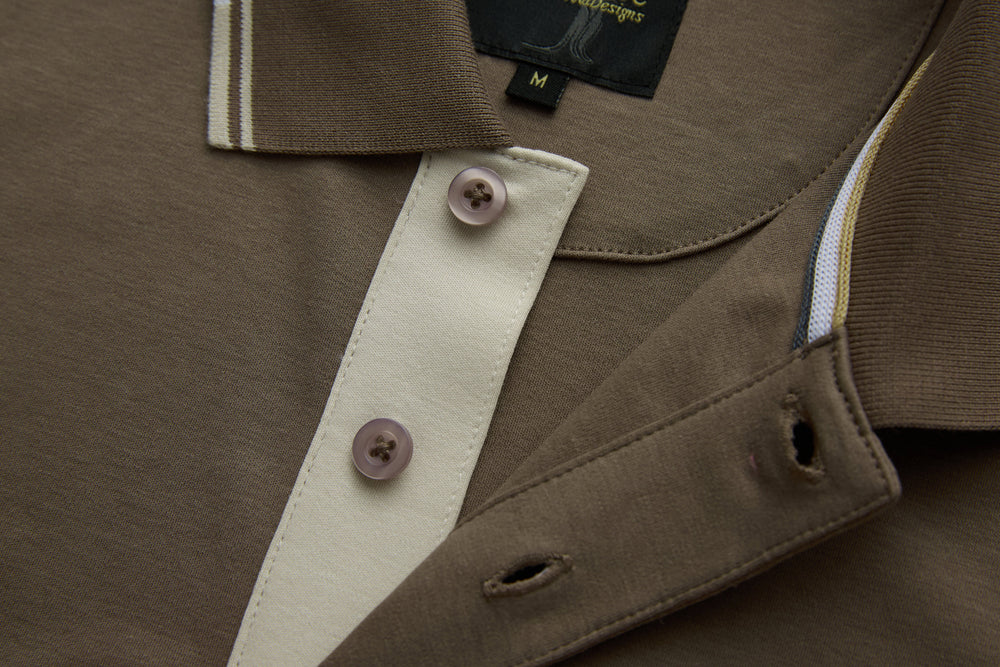 Walnut polo shirt with contrast white placket, button details, and pocket opening