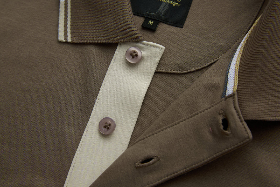 Walnut polo shirt with contrast white placket, button details, and pocket opening