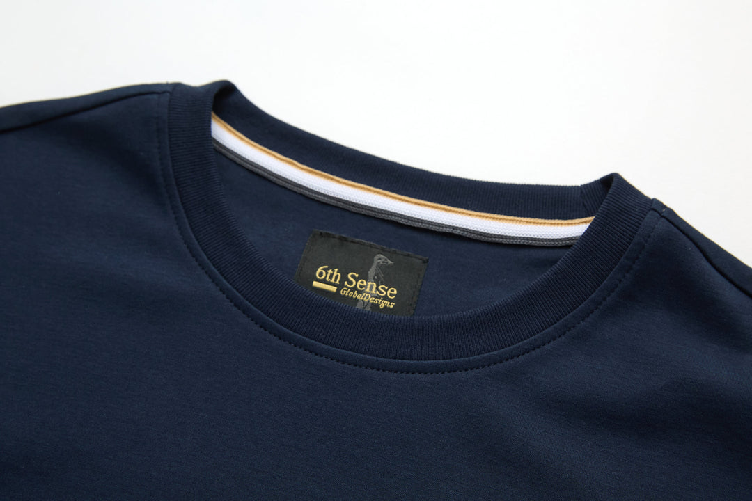 Navy crew-neck 6th Sense T-shirt with collar trim and front logo tag