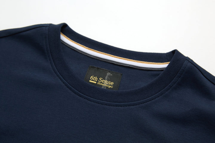 Navy crew-neck 6th Sense T-shirt with collar trim and front logo tag