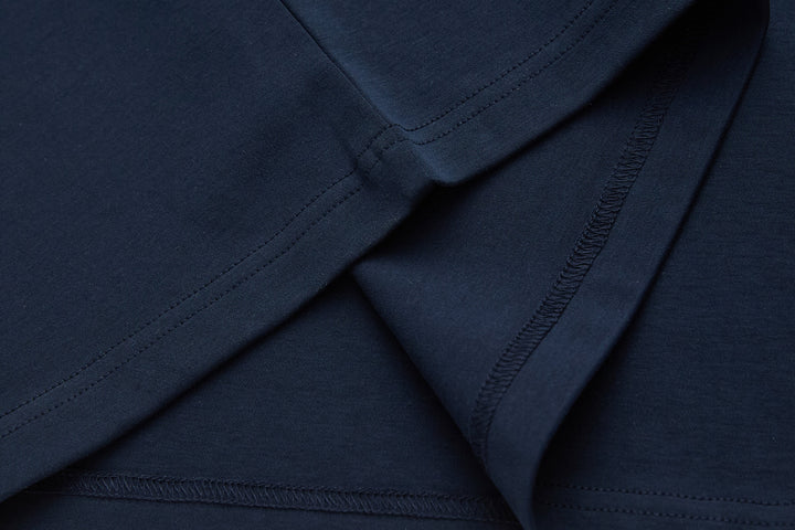 Navy 6th Sense T-shirt sleeve seam and underarm stitching close-up
