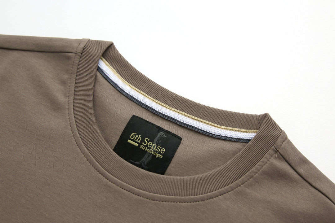 Walnut brown crew neck t-shirt with ribbed collar and neck stripe trim