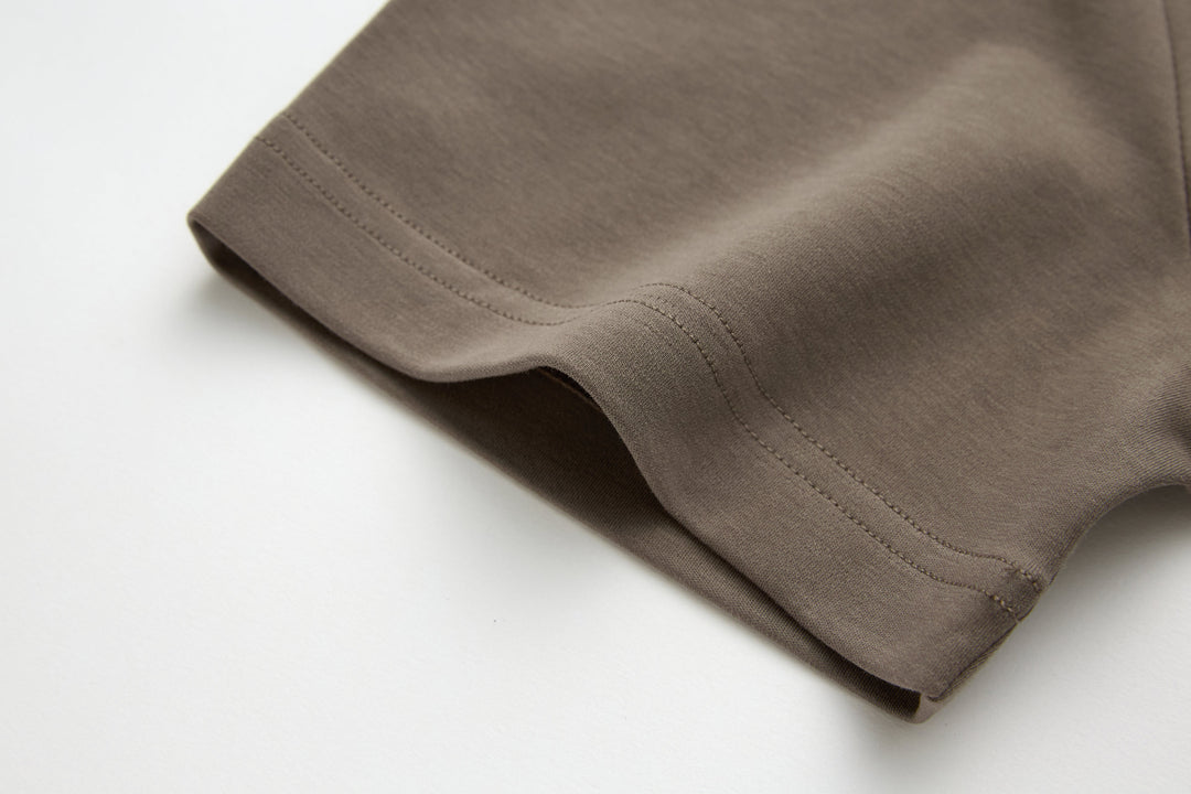 Walnut brown t-shirt sleeve hem with stitched cuff edge detail