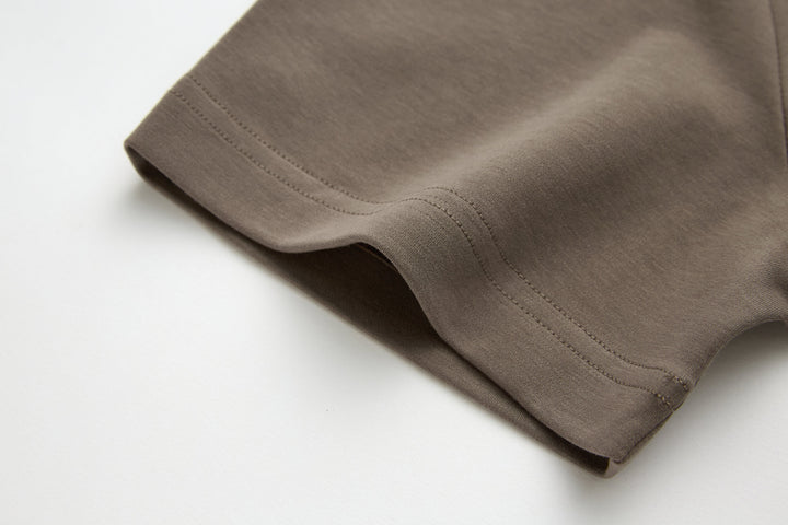 Walnut brown t-shirt sleeve hem with stitched cuff edge detail