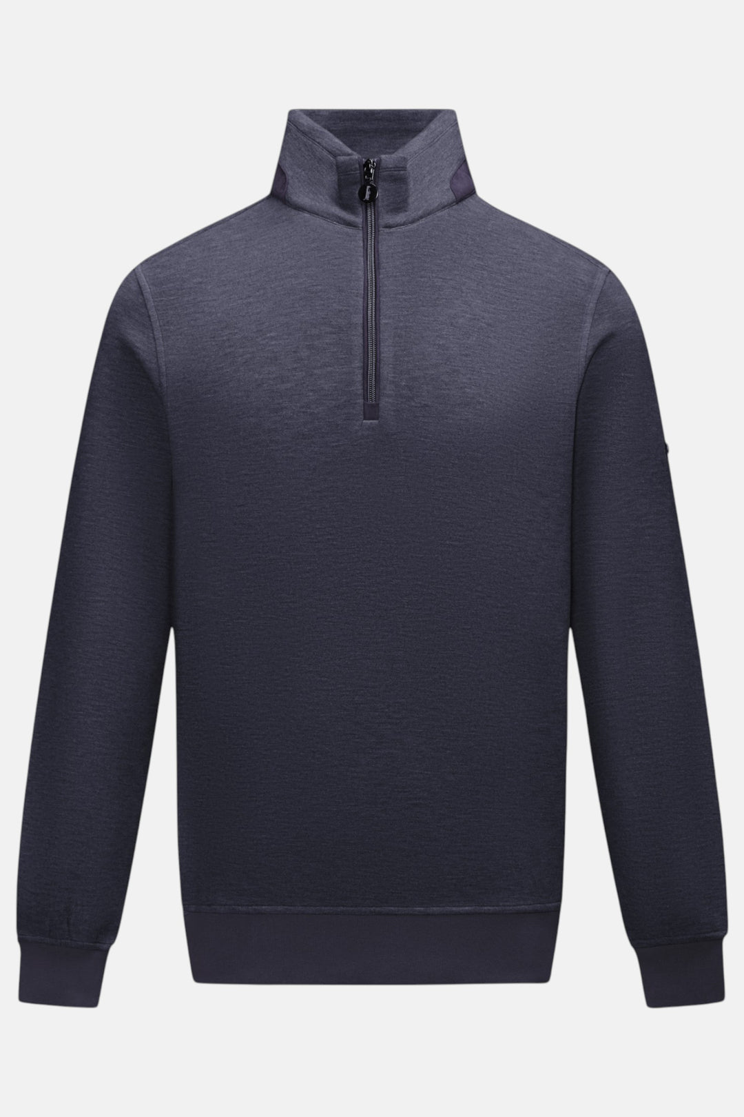 Navy 1/4-zip pullover top, stand collar, long sleeves—front