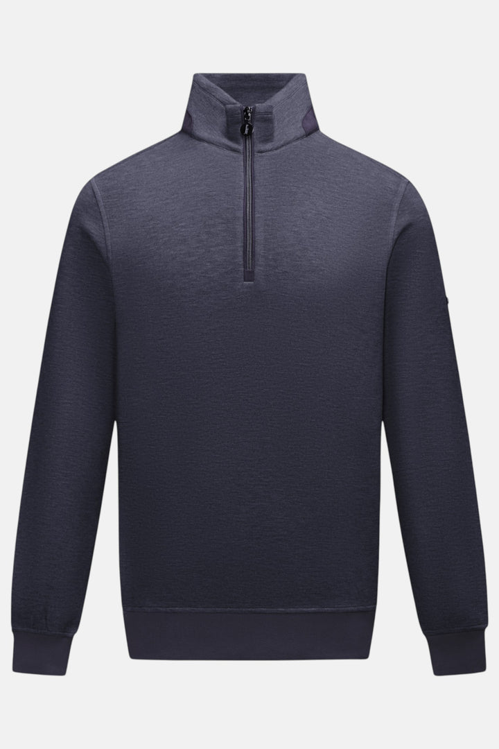 Navy 1/4-zip pullover top, stand collar, long sleeves—front