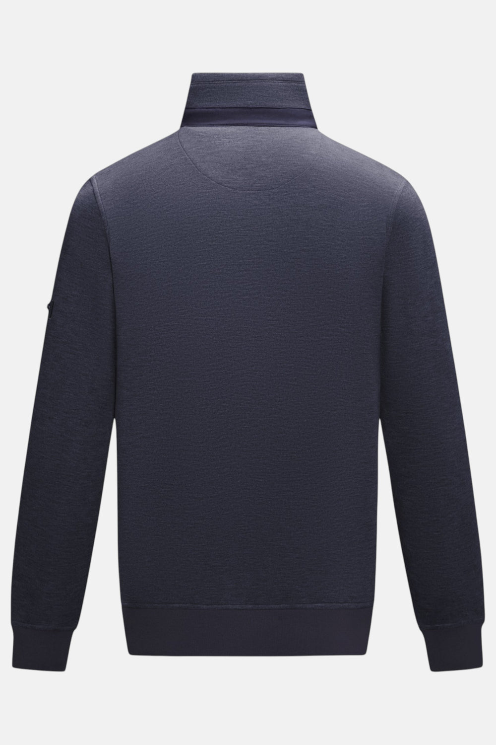 Navy 1/4-zip pullover top with stand collar and long sleeves—back