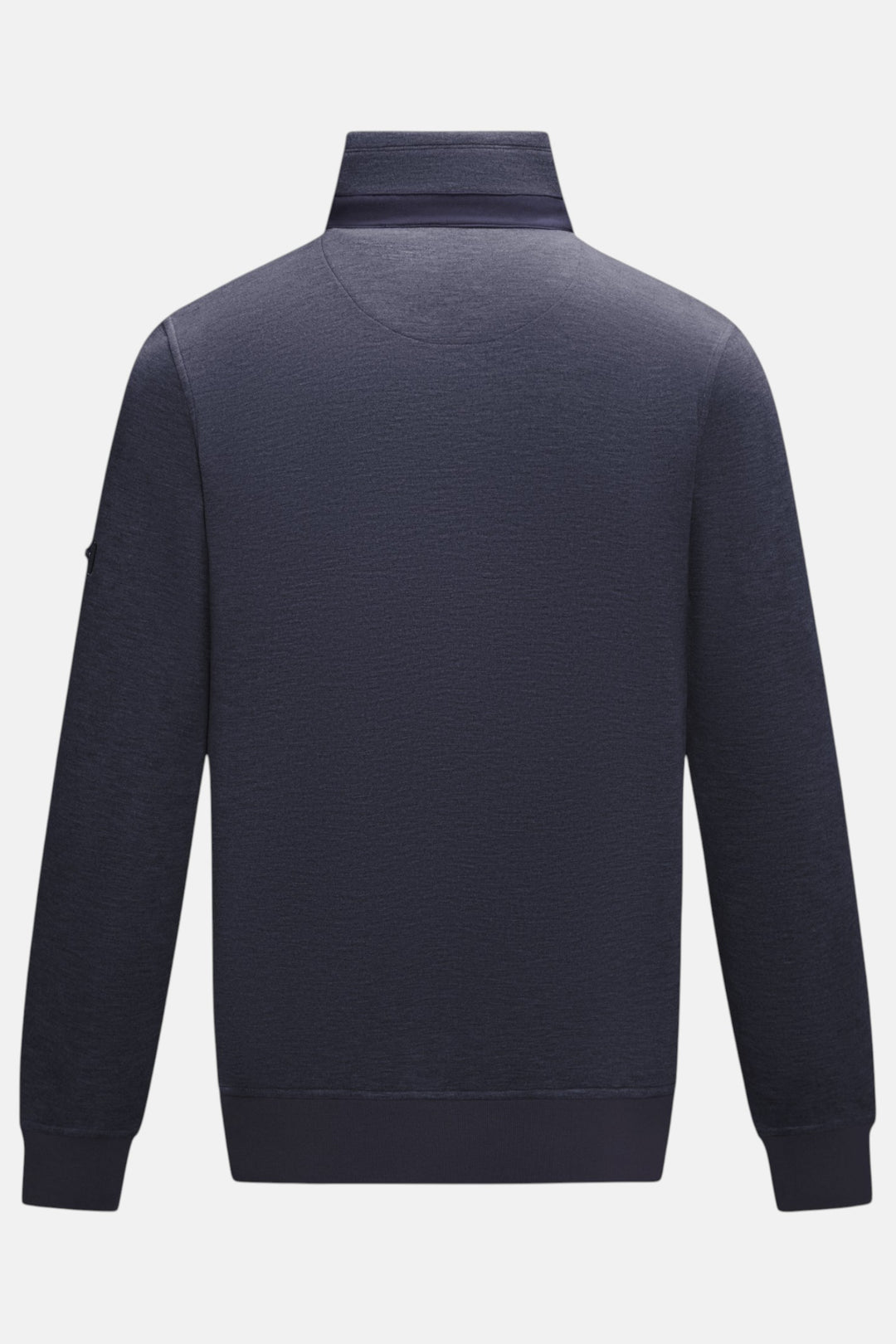 Navy 1/4-zip pullover top with stand collar and long sleeves—back