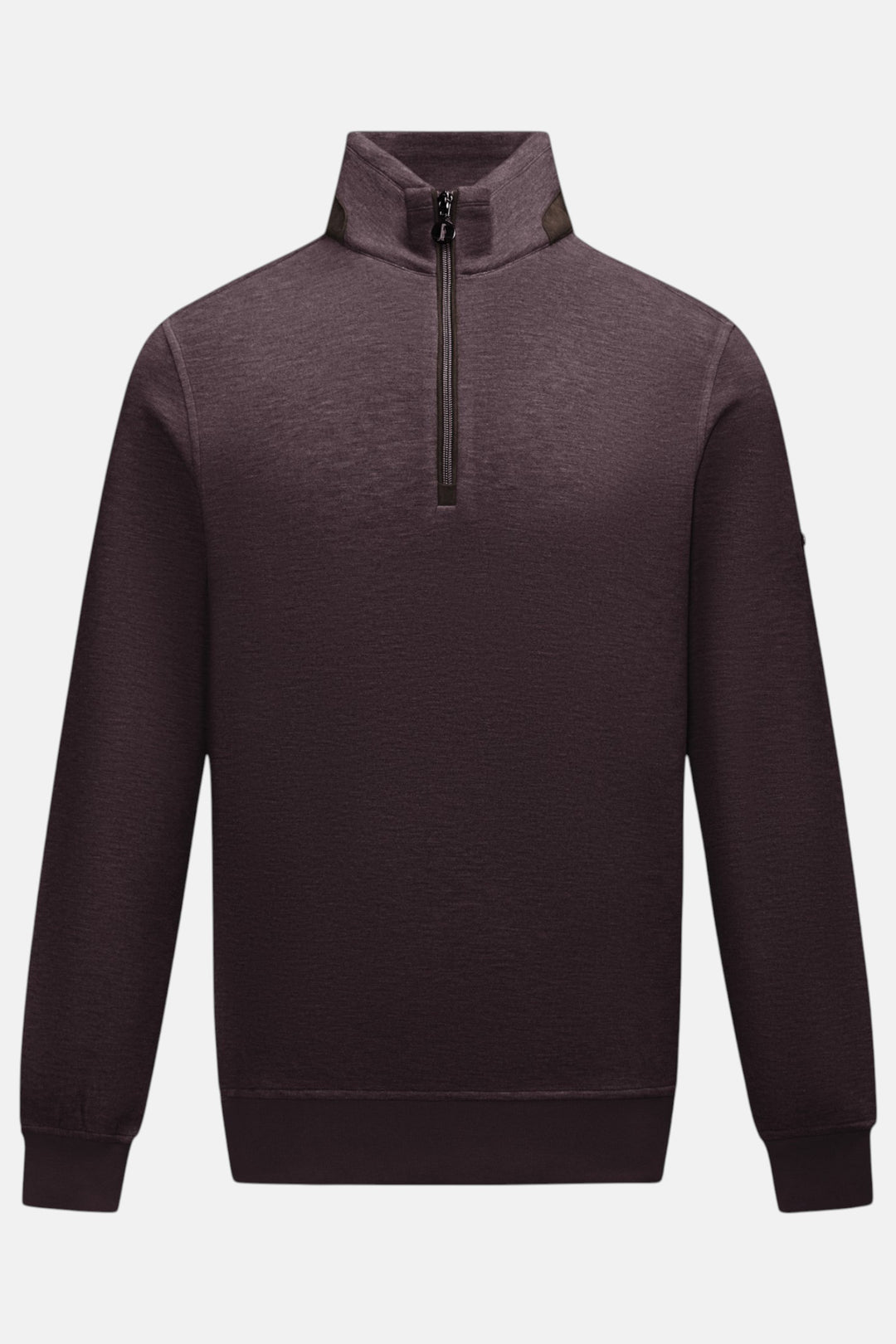 Plum 1/4-zip top with stand collar, long sleeves, ribbed cuffs and hem.