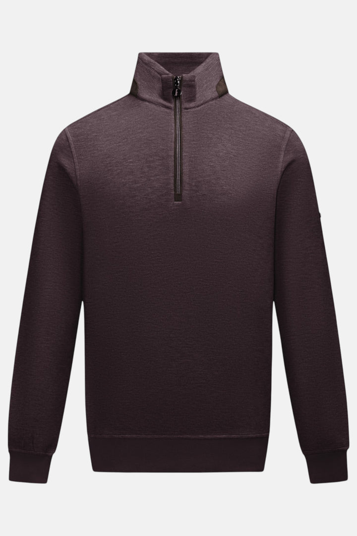 Plum 1/4-zip top with stand collar, long sleeves, ribbed cuffs and hem.