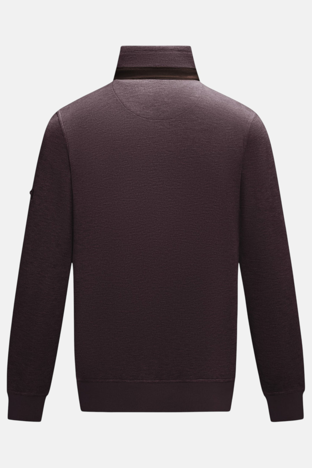 Plum 1/4-zip top, back view with stand collar and long sleeves; ribbed hem.