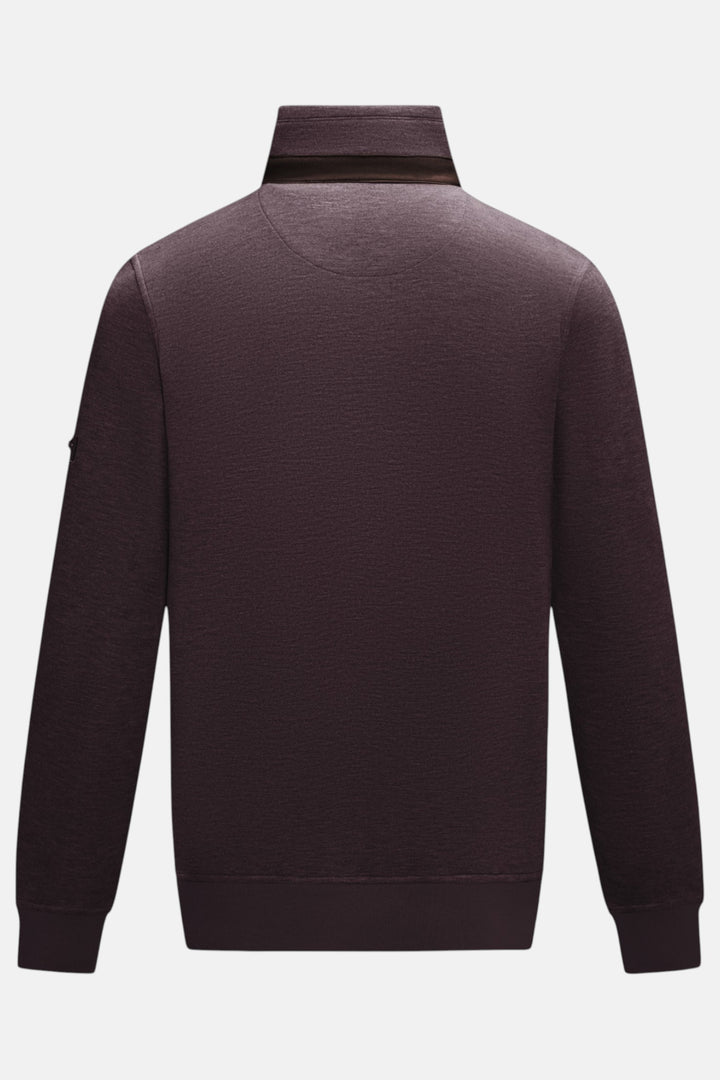 Plum 1/4-zip top, back view with stand collar and long sleeves; ribbed hem.
