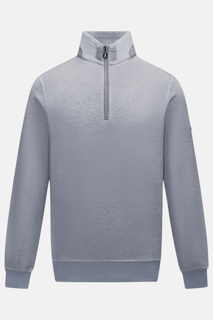 6th Sense quarter-zip top in light blue with ribbed cuffs and hem, front view