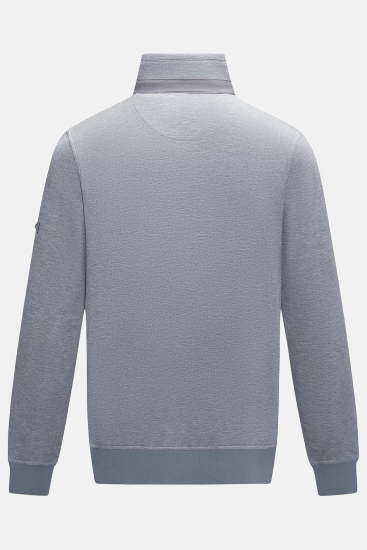 6th Sense quarter-zip top in light blue, back view with ribbed cuffs and hem