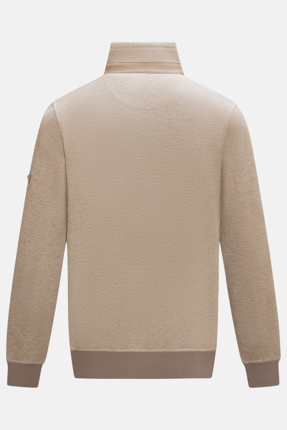 6th Sense taupe 1/4-zip top, back view with ribbed cuffs and hem
