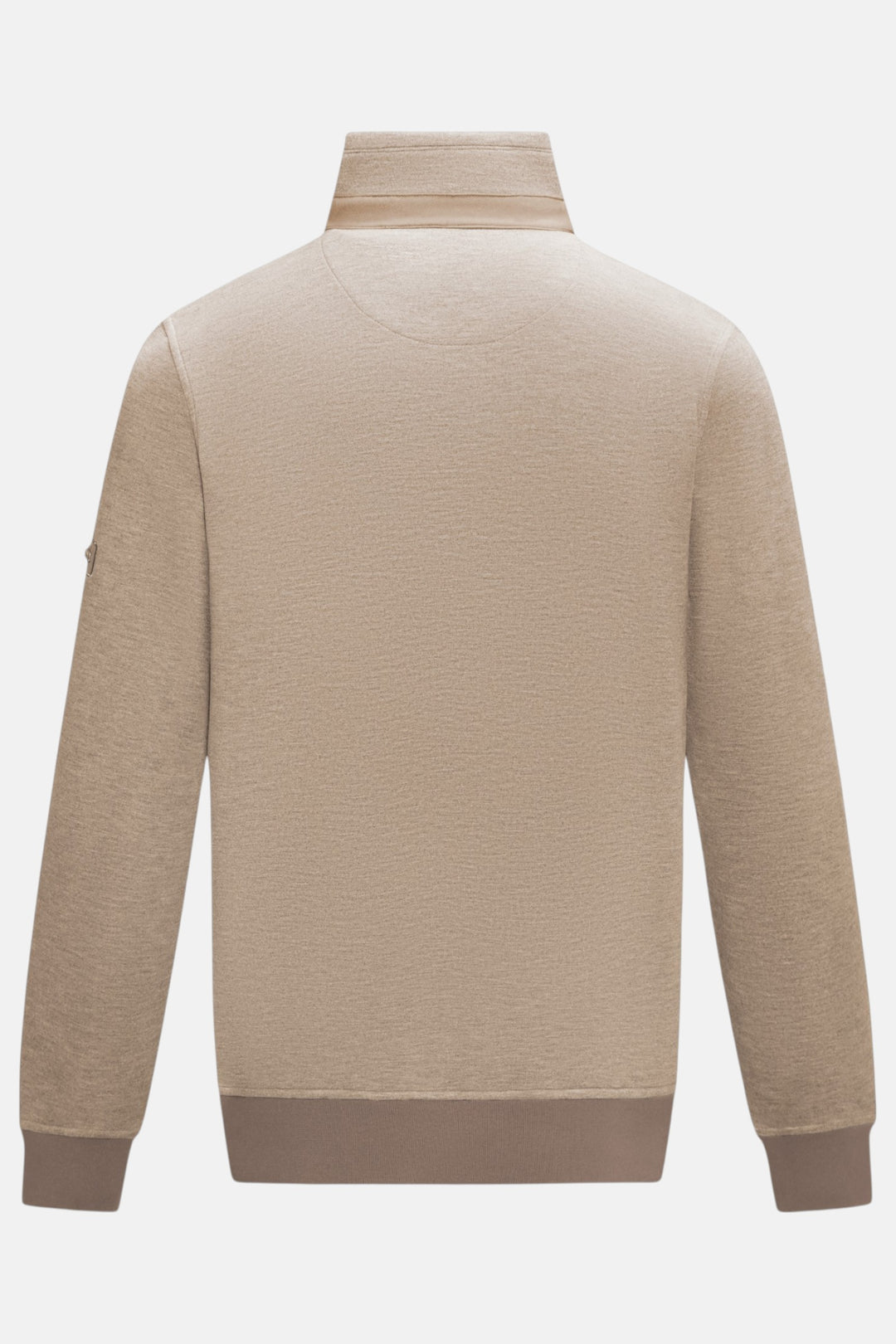 6th Sense taupe 1/4-zip top, back view with ribbed cuffs and hem