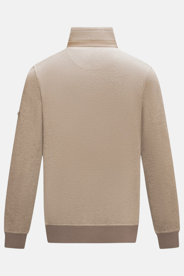 6th Sense taupe 1/4-zip top, back view with ribbed cuffs and hem