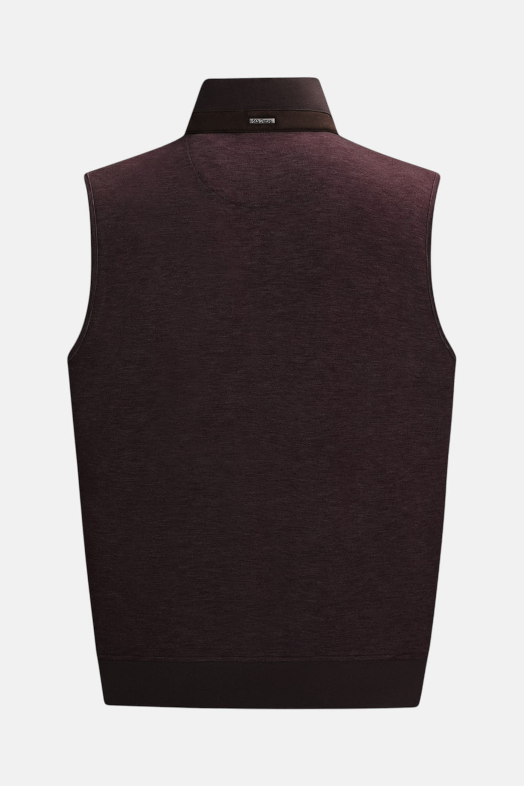 Plum quilted puffer gilet, sleeveless back view with stand collar