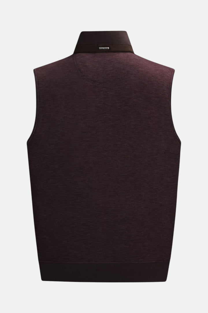 Plum quilted puffer gilet, sleeveless back view with stand collar