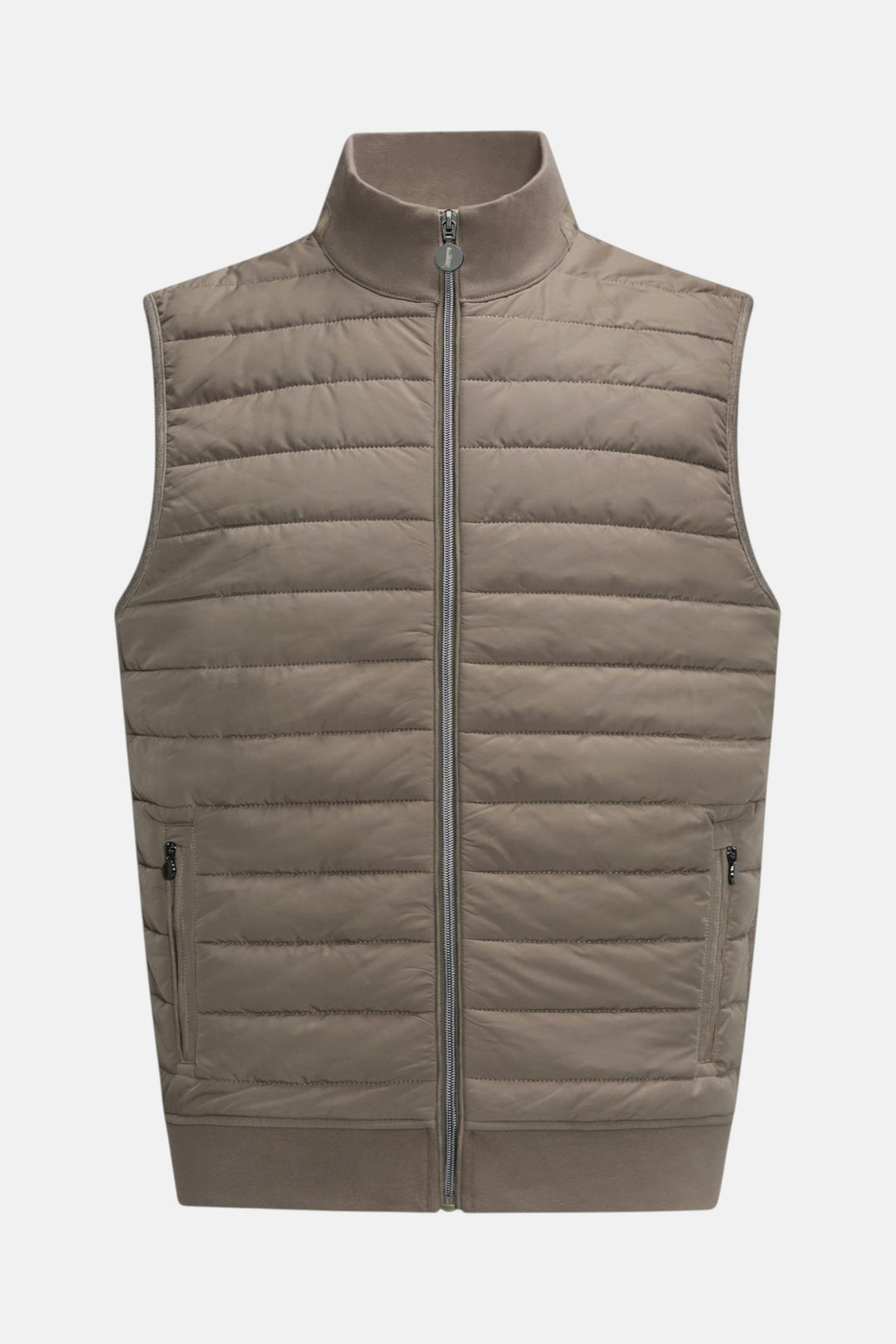 Taupe padded sleeveless gilet with zip front, stand collar, and side pockets