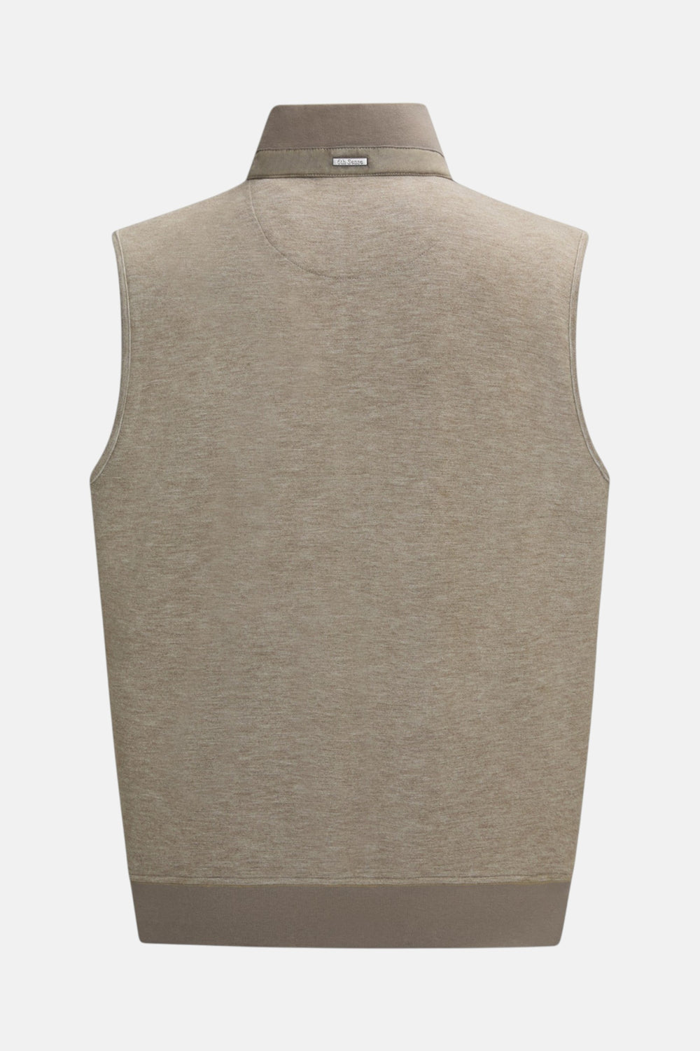 Taupe padded sleeveless gilet back view with high stand collar