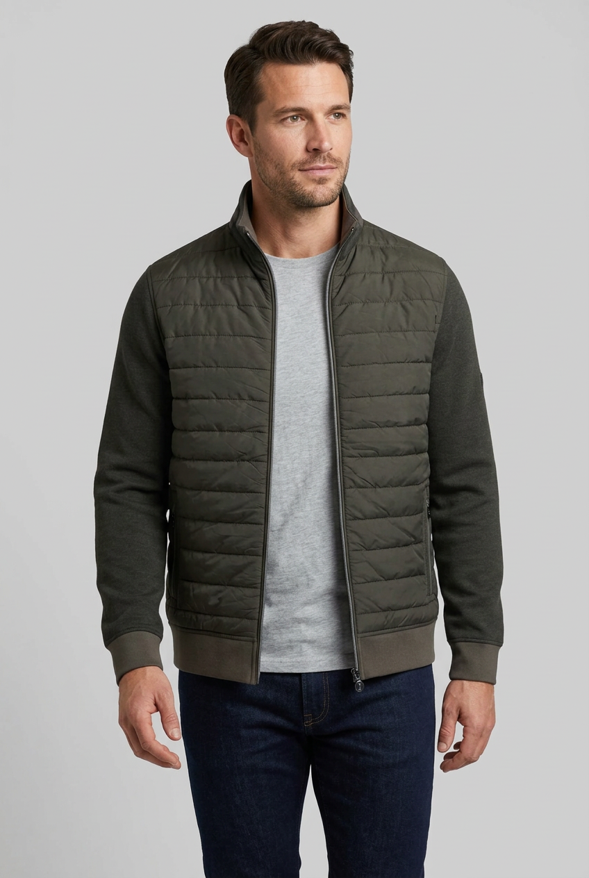 6th Sense Hybrid Jacket in peat, with quilted front panels, knit sleeves and a zip closure.