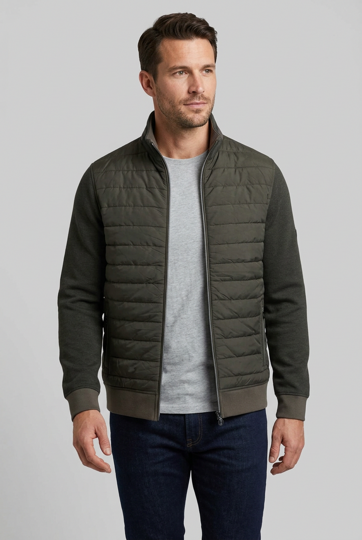 6th Sense Hybrid Jacket in peat, with quilted front panels, knit sleeves and a zip closure.
