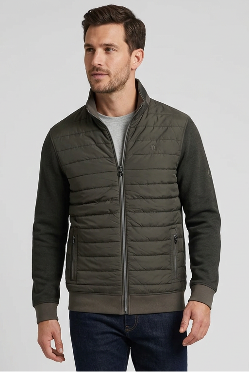 6th Sense Hybrid Jacket in peat, showing its full zip, stand collar and two zip pockets.
