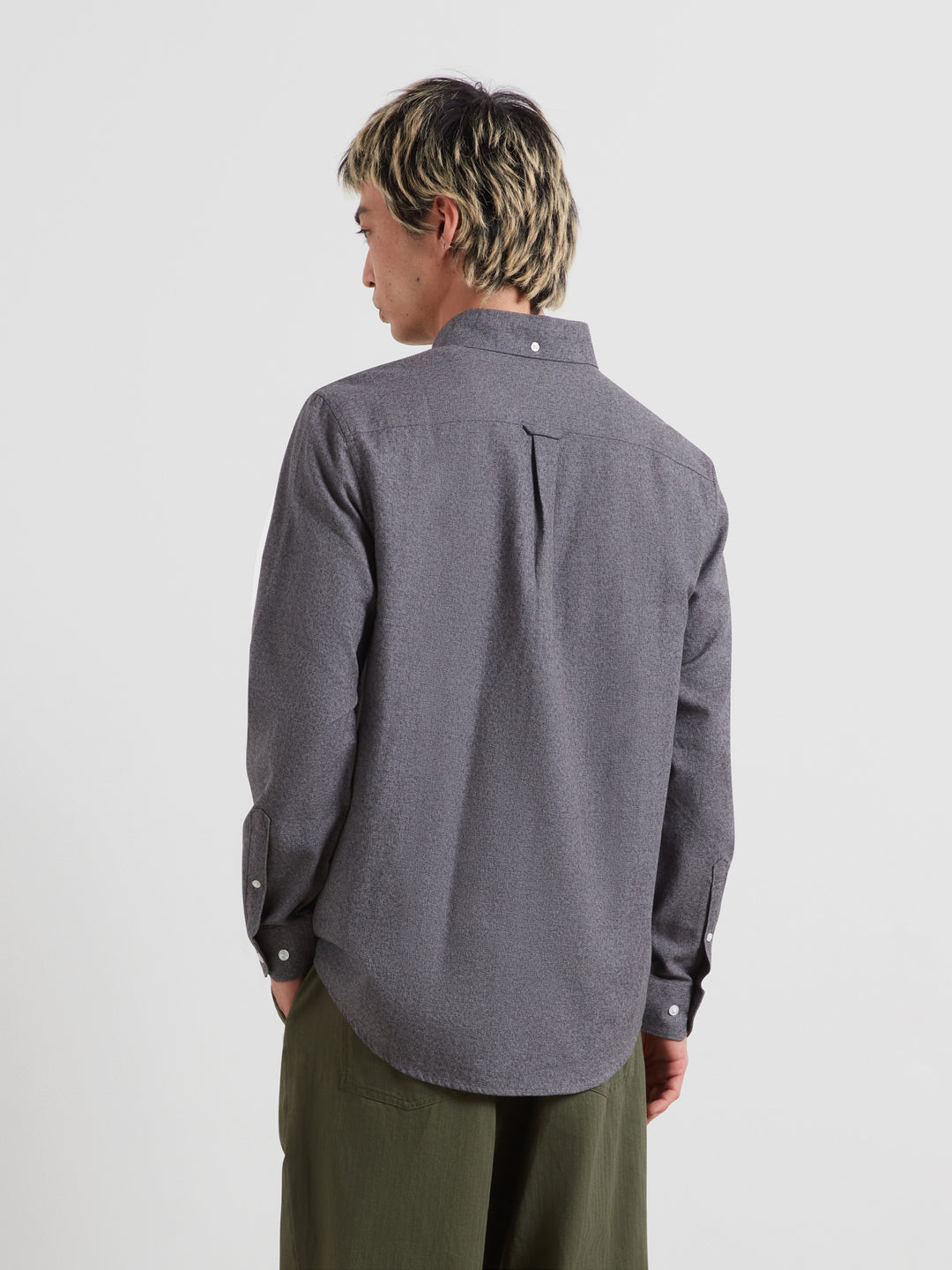 Dark blue-gray back view long-sleeve button-up shirt with yoke seam and button cuffs