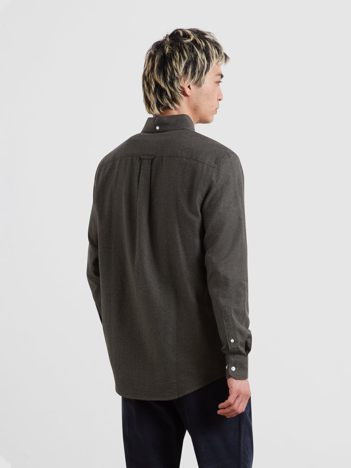 Back view of dark charcoal long-sleeve button-up shirt with yoke seam
