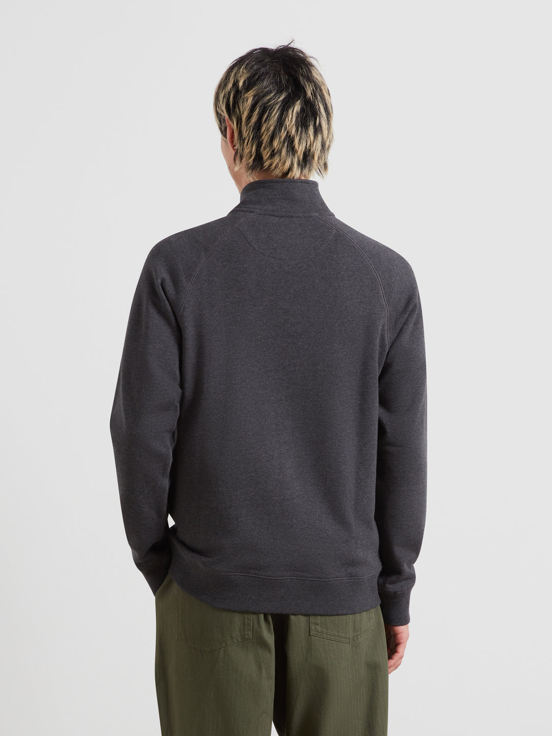 Washed black marl quarter-zip top, back view with stand collar