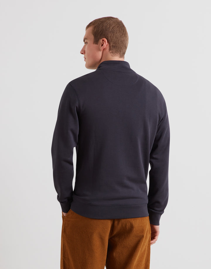 Navy 1/4-zip sweatshirt top, back view, long sleeves and ribbed cuffs