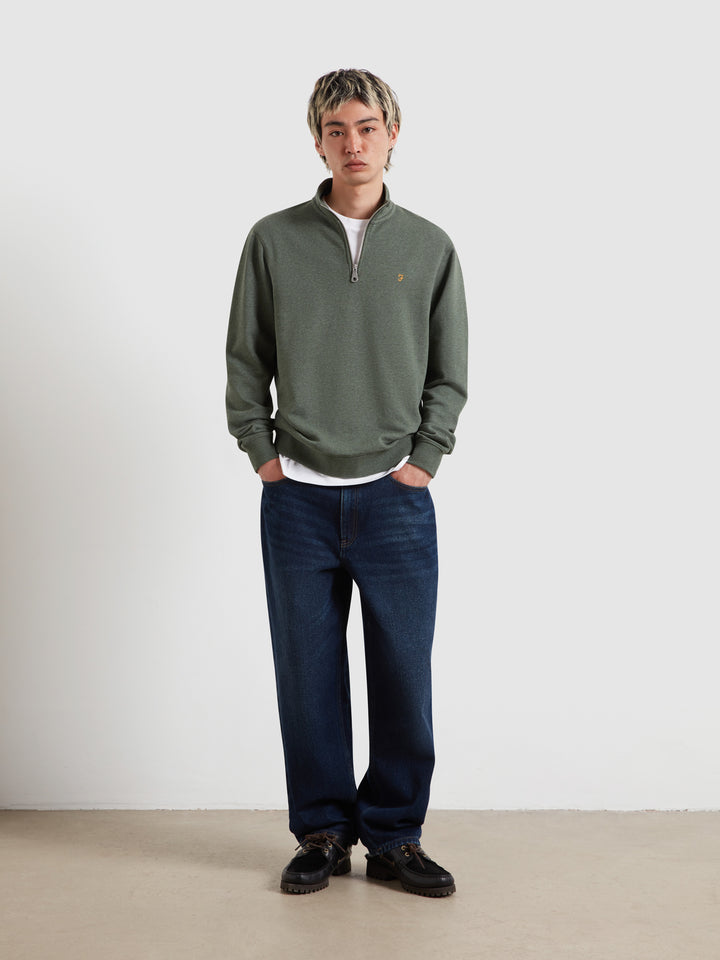 Olive marl 1/4-zip jumper top with quarter zip collar, long sleeves