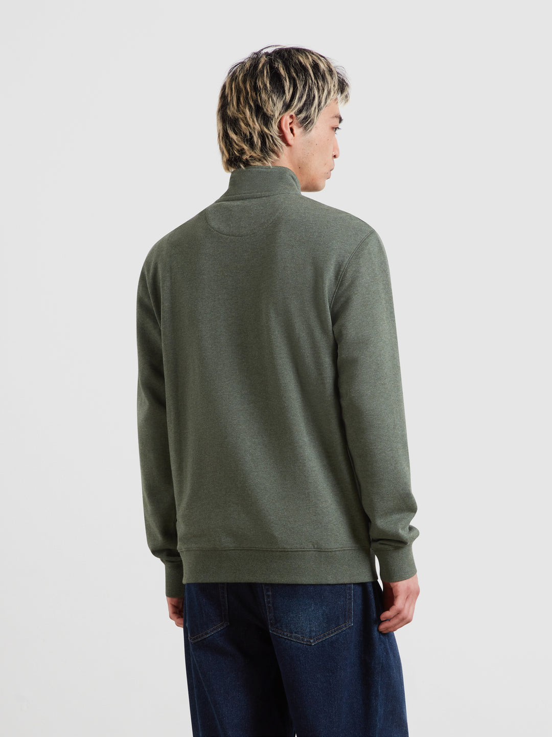 Olive marl 1/4-zip knit top, back view with full-length sleeves and ribbed cuffs