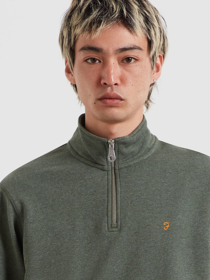 Men's olive marl 1/4-zip knit top with stand collar and long sleeves