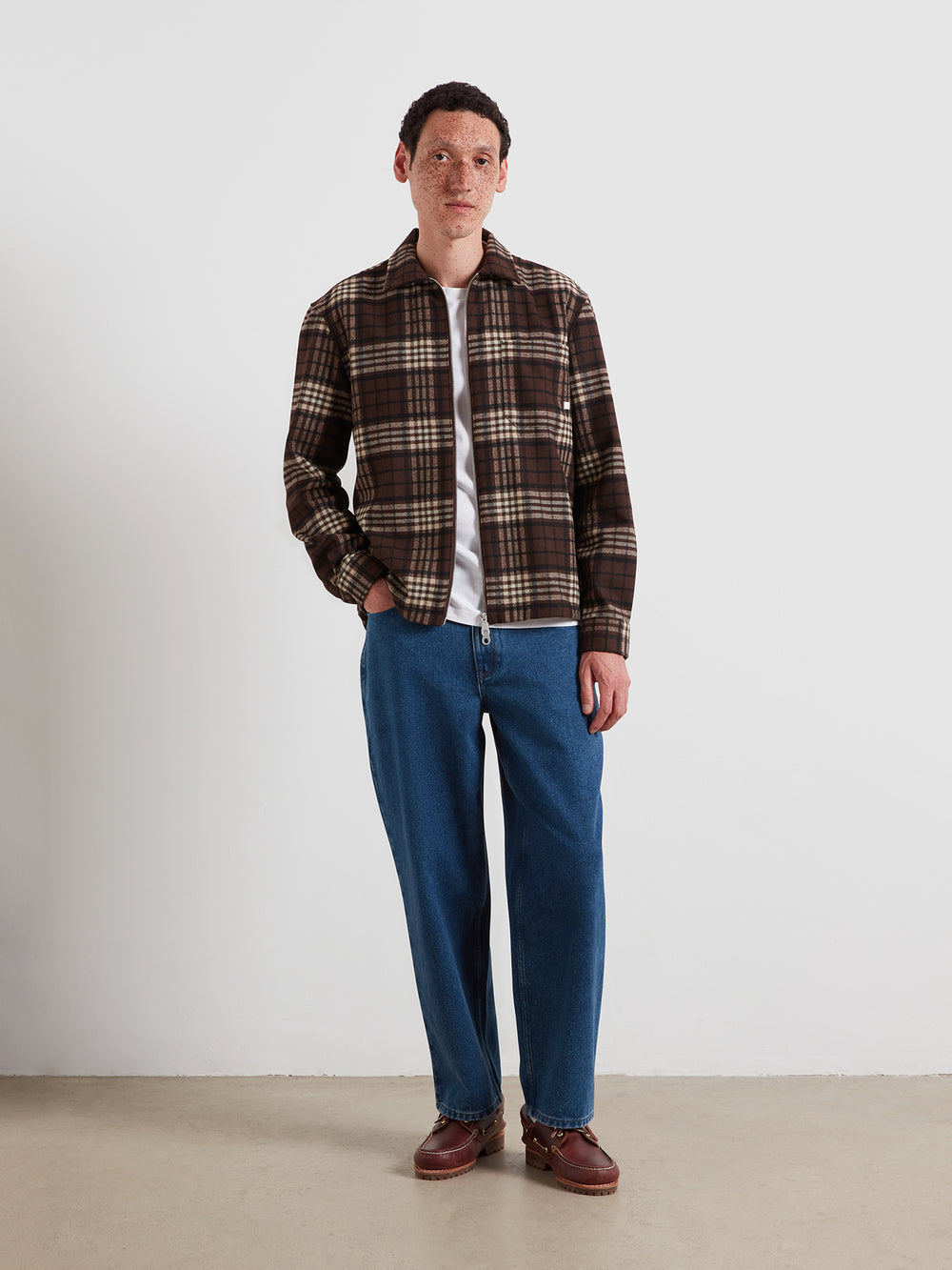 Dark brown check zip overshirt with long sleeves and front zipper