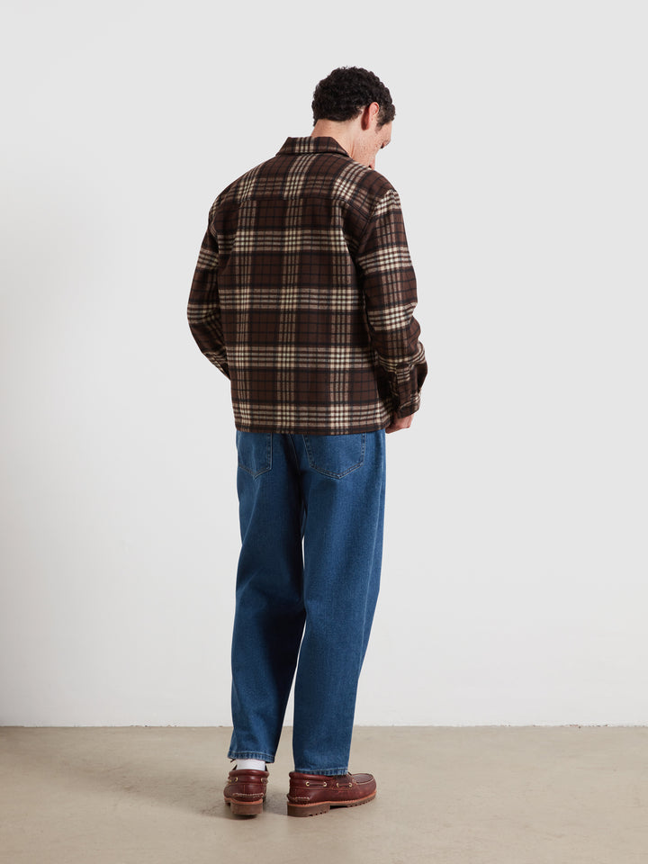 Dark brown check zip overshirt back view with long sleeves and front zipper