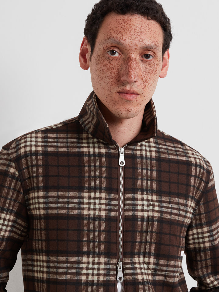 Dark brown check zip overshirt with stand collar and front zipper