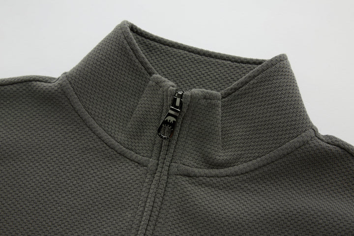 Grey 1/4-zip top neckline with stand collar and quarter-zip placket