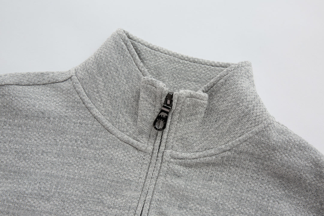 Heather gray 1/4-zip top neckline with stand collar and zipper placket